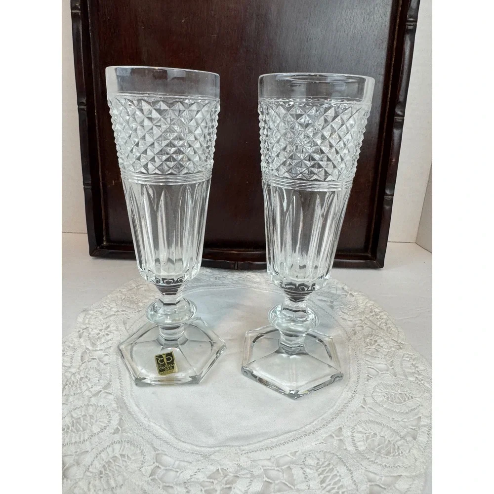 Sace Italy 24% Lead Crystal Champagne Flutes Set of 2 Hexagonal Base Diamond Cut